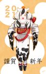  1girl 2021 :d akeome animal_print bell black_hair blush chinese_zodiac clog_sandals cow_girl cow_print cowbell food fruit full_body hair_bell hair_horns hair_ornament happy_new_year highres horns japanese_clothes kimono long_sleeves looking_at_viewer low_twintails mandarin_orange multicolored_hair new_year obi open_mouth original print_kimono ryusei_hashida sash signature smile solo streaked_hair tabi twintails two-tone_hair white_hair white_kimono white_legwear wide_sleeves year_of_the_ox yellow_background yellow_eyes 