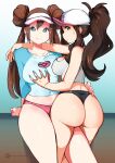  2girls arm_over_shoulder ass blue_eyes breast_grab brown_hair closed_mouth collarbone covered_navel double_bun grabbing hair_between_eyes hair_bun hat highres hilda_(pokemon) kenron_toqueen light_brown_hair long_hair looking_at_viewer looking_back multiple_girls patreon_username pokemon pokemon_(game) pokemon_bw ponytail rosa_(pokemon) smile sweat visor_cap white_headwear 