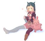  1girl animal_ears animal_hood bad_proportions bangs blonde_hair blush blush_stickers bow brown_footwear cat_hood commentary_request danganronpa_(series) danganronpa_2:_goodbye_despair ear_bow fake_animal_ears full_body handheld_game_console heart highres holding holding_handheld_game_console hood hood_up layered_skirt legs_apart light_brown_hair looking_at_viewer mochi_(yuriraru) nanami_chiaki nintendo_switch pink_bow pink_eyes pink_ribbon pleated_skirt ribbon shiny shiny_hair shirt shoes simple_background sitting skirt solo stuffed_animal stuffed_toy thighhighs usami_(danganronpa) white_background white_shirt wings 