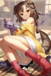  1girl :3 animal_collar animal_ears bare_shoulders blush bone_hair_ornament braid breasts brown_eyes brown_hair cat collar dog_ears dog_girl eyebrows_visible_through_hair feet fingernails hair_between_eyes hair_ornament happy highres hololive inugami_korone jacket long_hair looking_at_viewer low_twin_braids off_shoulder pocket purple_cat red_legwear sukocchi tail twin_braids virtual_youtuber yellow_jacket 