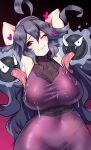  1girl ahoge armpit_licking armpits arms_behind_back arms_behind_head arms_up blush closed_mouth covered_navel creature fangs gastly gen_1_pokemon gradient gradient_background hair_between_eyes hairband heart hex_maniac_(pokemon) highres kenron_toqueen licking long_hair one_eye_closed open_mouth pokemon pokemon_(creature) purple_eyes purple_hair purple_hairband saliva saliva_trail smile solo sweat tongue tongue_out turtleneck wet wet_clothes 