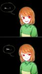  1other black_background blind_bridy chara_(undertale) commentary_request dark_background english_text green_sweater highres light_brown_hair looking_at_viewer pale_skin red_eyes short_hair smile solo sweater undertale 