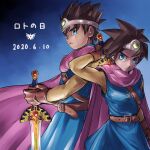  1boy 1girl absurdres arm_up black_hair blue_eyes cape chinyan circlet dragon_quest dragon_quest_iii earrings frown gloves gradient gradient_background highres jewelry looking_at_viewer roto serious short_hair sketch spiked_hair sword sword_behind_back tunic weapon weapon_on_back 