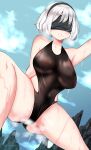  1girl arm_behind_back arm_up bare_shoulders black_blindfold black_hairband black_swimsuit blindfold blue_sky breath cloud cloudy_sky collarbone covered_nipples dripping grey_hair hairband highres kenron_toqueen mole mole_under_mouth mountain nier_(series) nier_automata outdoors patreon_username see-through short_hair sky solo spread_legs steam steaming_body swimsuit wet 