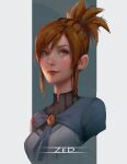  1girl artist_name bangs blue_jacket border brown_eyes brown_hair closed_mouth dota_(series) dota_2 green_background highres jacket lips long_hair marci_(dota) painting ponytail smile solo white_border zed_(trungbui42) 