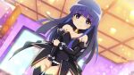  1girl 2020 angel_mort artist_request bare_shoulders black_legwear black_leotard black_sleeves blue_hair breasts covered_navel detached_collar detached_sleeves furude_rika higurashi_no_naku_koro_ni indoors leotard long_hair looking_at_viewer official_art purple_eyes showgirl_skirt small_breasts solo strapless strapless_leotard thighhighs thighs waitress 