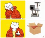  2021 2d_animation animated anthro box cat_tree clothed clothing domestic_cat drakeposting eyes_closed felid feline felis frown gesture jacket keke_(artist) loop male mammal meme open_clothing open_jacket open_topwear pointing shirt short_playtime smile solo topwear 