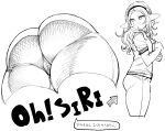  1girl ass close-up elf-san_wa_yaserarenai. hairband highres kuroeda-san long_hair mole mole_under_eye monochrome multiple_views pants pointy_ears simple_background synecdoche tight tight_pants translation_request white_background 