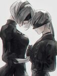  1boy 1girl act_(a_moso) backpack bag black_blindfold black_choker black_gloves black_hairband blindfold choker cleavage_cutout closed_mouth clothing_cutout feather_trim gloves green_bag grey_background grey_hair hairband holding_hands nier_(series) nier_automata short_hair simple_background smile turtleneck yorha_no._2_type_b yorha_no._9_type_s 