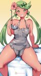  1girl apron bare_shoulders bed_sheet blush collarbone dark_skin dark_skinned_female eyebrows_visible_through_hair flower green_eyes green_hair grey_apron hair_flower hair_ornament highres holding holding_ladle kenron_toqueen ladle long_hair looking_at_viewer mallow_(pokemon) naked_apron patreon_username pink_flower pokemon sitting smile solo sweat twintails 