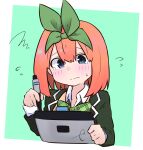  1girl bangs black_jacket blue_eyes blush bow closed_mouth collared_shirt cropped_torso drawing_tablet eyebrows_behind_hair eyebrows_visible_through_hair flying_sweatdrops go-toubun_no_hanayome green_background green_bow green_ribbon hair_between_eyes hair_ribbon head_tilt holding holding_stylus jacket kujou_karasuma long_sleeves nakano_yotsuba open_clothes open_jacket orange_hair ribbon shirt signature solo squiggle stylus sweater_vest tears two-tone_background upper_body wavy_mouth white_background white_shirt 