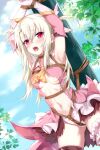  1girl armpits bare_shoulders bdsm blonde_hair blush bondage boots bound breasts crotch_rope devil_heavens dress eyebrows_visible_through_hair fate/kaleid_liner_prisma_illya fate_(series) hair_ornament highres illyasviel_von_einzbern long_hair looking_at_viewer panties pink_dress pink_legwear prisma_illya red_eyes restrained rope small_breasts solo sweat thighhighs torn_clothes underwear white_panties 