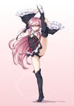  1girl absurdres armpits black_dress black_footwear black_panties boots detached_sleeves dress frilled_sleeves frills hair_between_eyes highres krul_tepes kyuutou_(kyuutouryuu) long_hair owari_no_seraph panties pink_eyes pink_hair shoe_soles solo split standing standing_on_one_leg standing_split thigh_boots thighhighs underwear wide_sleeves 