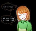  1other black_background blind_bridy chara_(undertale) dark_background english_text green_sweater light_brown_hair looking_at_viewer red_eyes short_hair smile solo sweater undertale 