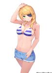  1girl aduo bangs blonde_hair breasts closed_mouth eyebrows_visible_through_hair eyepatch feet_out_of_frame grand_admiral_marina green_eyes guardian_tales hand_up looking_at_viewer medium_breasts medium_hair navel shorts white_background 