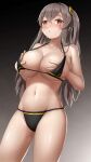  1girl absurdres alternate_breast_size bangs bikini black_bikini blush breasts brown_eyes collarbone cowboy_shot girls_frontline gradient gradient_background grey_hair highres large_breasts long_hair navel one_side_up scar scar_across_eye solo swimsuit ump45_(girls_frontline) wo_you_yibei_jia_wanli 