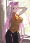  1girl arms_behind_head arms_up backlighting bangs black_skirt breasts brown_vest collared_shirt fate/stay_night fate_(series) forehead glasses highres homurahara_academy_uniform large_breasts long_hair looking_at_viewer neck_ribbon parted_bangs purple_eyes purple_hair red_ribbon ribbon rider shirt sidelocks skirt smile very_long_hair vest white_shirt window yonezawa_mao 