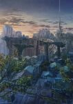  artist_name building city cityscape cloud cloudy_sky commentary_request highres k_kanehira no_humans original scenery science_fiction sky space_elevator sunrise tree urban 