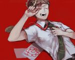  1boy ahoge bangs brown_hair collared_shirt commentary_request crown danganronpa_(series) danganronpa_2:_goodbye_despair fangs green_neckwear hand_on_own_chest hand_up happy_tears highres hinata_hajime lying male_focus medal necktie on_back open_mouth pin red_background shirt short_hair short_sleeves simple_background solo suzumetarou tears teeth upper_body 