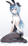  1girl absurdres alternate_costume animal_ears ass back backless_outfit bare_back bare_shoulders black_hairband black_legwear black_leotard blue_hair breasts bunny_ears bunny_tail closed_mouth fake_animal_ears fake_tail from_side full_body ganyu_(genshin_impact) genshin_impact hairband highres horns kneeling leotard long_hair looking_at_viewer looking_to_the_side no_shoes pantyhose playboy_bunny purple_eyes signature simple_background small_breasts smile snozaki soles solo tail very_long_hair white_background 