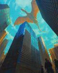  2021 building city cloud day detailed_background digital_media_(artwork) dragon feral group hi_res human long_neck long_tail low-angle_view mammal membrane_(anatomy) membranous_wings orange_membrane outside scalie sky skyscraper solo_focus spread_wings tamberella wings worm&#039;s-eye_view wyvern 