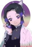  1girl animal_on_hand bangs black_hair black_jacket bug butterfly butterfly_hair_ornament commentary_request forehead gradient_hair hair_ornament highres insect jacket kayanogura kimetsu_no_yaiba kochou_shinobu long_sleeves multicolored_hair open_clothes parted_bangs parted_lips purple_eyes purple_hair smile solo upper_body white_background wide_sleeves 