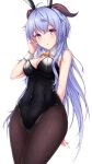  1girl absurdres animal_ears arm_behind_back bangs bare_shoulders bell black_legwear blue_hair blush breasts bunny_ears cleavage commentary_request covered_navel cowbell detached_collar eyebrows eyebrows_visible_through_hair fake_animal_ears ganyu_(genshin_impact) genshin_impact goat_horns hand_on_own_cheek hand_on_own_face hand_up head_tilt highres horns huge_filesize legs_together long_hair looking_at_viewer medium_breasts neon_(hhs9444) pantyhose parted_bangs parted_lips pink_eyes playboy_bunny sidelocks simple_background solo white_background wristband 