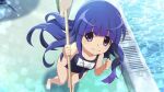  1girl 2020 arms_up artist_request barefoot blue_hair blue_swimsuit brush cleaning_brush clenched_hands feet foreshortening from_above furude_rika higurashi_no_naku_koro_ni long_hair looking_at_viewer looking_up official_art one-piece_swimsuit outdoors pool poolside purple_eyes school_swimsuit smile solo swimsuit toes water 
