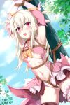  1girl bare_shoulders bdsm blonde_hair blush bondage boots bound breasts crotch_rope devil_heavens dress eyebrows_visible_through_hair fate/kaleid_liner_prisma_illya fate_(series) hair_ornament highres illyasviel_von_einzbern long_hair looking_at_viewer panties pink_dress pink_legwear prisma_illya red_eyes restrained rope small_breasts solo sweat thighhighs torn_clothes underwear white_panties 