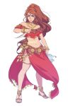  1girl bracelet breasts brown_hair dancer denimcatfish dress green_eyes jewelry long_hair looking_at_viewer mole mole_under_mouth navel necklace octopath_traveler ponytail primrose_azelhart simple_background solo 