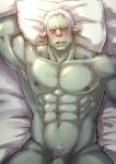  1boy abs armpit_hair armpits bara blush colored_skin completely_nude cowboy_shot from_above green_skin katoributa_a large_pectorals lying male_focus male_pubic_hair mature_male monster_boy muscular muscular_male navel navel_hair nipples nude on_back on_bed orc out-of-frame_censoring penis_peek pillow pubic_hair rigurudo_(tensei_shitara_slime_datta_ken) short_hair sideburns solo stomach tensei_shitara_slime_datta_ken thighs white_hair 