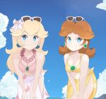  2girls alternate_costume artist_name bangs bare_shoulders bikini blonde_hair blue_eyes blue_sky blush breasts brown_hair chocomiru cleavage closed_mouth cloud collarbone commentary crescent_print day earrings english_commentary eyebrows_visible_through_hair eyewear_on_head floral_print flower flower_necklace gem hair_flower hair_ornament hands_on_own_knees happy hibiscus horizon jewelry leaning_forward lei lens_flare light_blush long_hair looking_to_the_side mario_(series) medium_breasts medium_hair multiple_girls navel necklace ocean outdoors parted_bangs pink_bikini pink_flower princess_daisy princess_peach sapphire_(gemstone) sarong shiny shiny_hair sidelocks signature sky smile splashing standing sunglasses super_mario_odyssey swimsuit water white-framed_eyewear white_flower white_sarong yellow_bikini yellow_sarong 