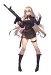  1girl absurdres bangs battle_rifle belt black_footwear black_jacket blonde_hair boots breasts brown_belt cleavage cross cross_necklace eyebrows_visible_through_hair g3_(girls_frontline) girls_frontline gun h&amp;k_g3 hand_up highres holding holding_weapon jacket jewelry legs long_hair looking_at_viewer medium_breasts necklace purple_eyes rifle slmsxiaodu solo standing uniform weapon white_background 