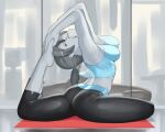  1girl ass barefoot black_hair breasts brown_hair capri_pants colored_skin grey_eyes long_hair looking_at_viewer pants ponytail smile solo stretch super_smash_bros. suwaiya tank_top white_skin wii_fit wii_fit_trainer 