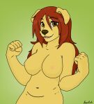  absurd_res anthro breasts brown_eyes canid canine canis domestic_dog female fingers fist fur hair hi_res holidays looking_at_viewer mammal nipples nude red_hair scoctch simple_background smile solo st._patrick&#039;s_day standing teeth 