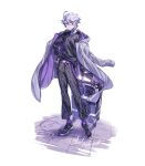  1boy absurdres ahoge alternate_costume azul_ashengrotto belt black_footwear cable_knit casual character_name coat coat_on_shoulders commentary_request cursive drawstring full_body glasses grey_eyes hand_on_hip highres huge_filesize layered_clothing light_purple_hair long_belt long_sleeves looking_at_viewer male_focus mole mole_under_mouth octopus pants patterned_clothing purple_belt purple_coat purple_legwear purple_pants purple_sweater rolling_suitcase sample semi-rimless_eyewear shoes short_hair signature simple_background sneakers socks solo standing suitcase sweater turtleneck tuze111 twisted_wonderland under-rim_eyewear wand watermark wavy_hair white_background 