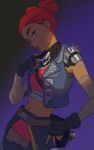  1girl 2gou alternate_costume apex_legends bandana belt black_gloves blue_background brown_belt crop_top cropped_jacket denim denim_jacket double_bun fingerless_gloves gloves hair_behind_ear highres lifeline looking_to_the_side navel red_hair shaded_face solo spikes v 