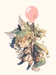  1girl animal_ear_fluff animal_ears arm_up balloon bangs beige_background black_bow black_legwear bow breasts chibi cleavage crossed_bangs eyebrows_visible_through_hair full_body garter_straps green_eyes green_hair hair_between_eyes hair_bow kuromiya kuromiya_raika long_hair looking_at_viewer multicolored_hair orange_hair original simple_background solo tail thighhighs two-tone_hair 