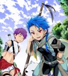  1other 2boys animal arms_behind_back asymmetrical_bangs asymmetrical_clothes bangs belt blue_hair blue_sky bodysuit_under_clothes bracelet braid braided_ponytail capelet chest_strap child closed_eyes clothing_cutout covered_navel cu_chulainn_(fate)_(all) dog earrings fang fate/grand_order fate/grand_order_arcade fate_(series) fergus_mac_roich_(fate) fergus_mac_roich_(young)_(fate) grin hand_on_hip holding holding_staff jewelry long_hair looking_at_viewer male_focus multiple_boys navel open_mouth outdoors ponytail puppy purple_hair red_eyes setanta_(fate) short_hair shorts skin_tight sky slit_pupils smile spiked_hair staff thigh_cutout wakatobi_chakku 