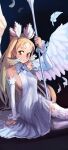 1girl absurdres blonde_hair blush breasts commission detached_sleeves dress feathered_wings highres holding holding_spear holding_weapon huge_filesize long_hair looking_at_viewer magical_girl mahou_shoujo_(raita) medium_breasts no_bra one_side_up orange_eyes piku184 polearm revealing_clothes sasaki_kotone sideboob sitting solo spear sweatdrop thighhighs very_long_hair weapon white_dress white_legwear white_sleeves white_wings wings yokozuwari 