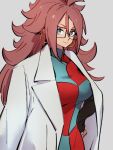  1girl android_21 breasts checkered checkered_dress dragon_ball dragon_ball_fighterz dress earrings glasses grey_background hair_between_eyes hand_on_hip hoop_earrings jewelry kemachiku labcoat large_breasts long_hair long_sleeves looking_at_viewer red_hair simple_background solo 