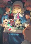  6+girls absurdres alice_margatroid animal_ears antennae apron bangs black_headwear black_skirt black_vest blonde_hair bloomers blue_bow blue_capelet blue_eyes blue_hair blue_skirt boa_(brianoa) book bow brown_hair capelet cat_ears character_doll chen cirno claws clownpiece commentary daiyousei english_commentary floral_print gohei green_hair grey_background hair_bow hair_ribbon hairband hakurei_reimu hand_on_another&#039;s_head hat highres jester_cap kirisame_marisa long_hair long_sleeves luna_child mob_cap multiple_girls open_book open_mouth orange_hair pink_eyes pink_headwear pink_neckwear polka_dot_headwear pop-up_book puppet_rings red_bow red_hairband red_ribbon red_skirt red_vest ribbon rose_print rumia shirt short_hair skirt smile star_sapphire sunny_milk touhou twitter_username underwear vest waist_apron white_bow white_shirt witch_hat wriggle_nightbug yellow_eyes 