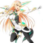  1girl aegis_sword_(xenoblade) bangs bare_shoulders black_legwear blonde_hair blush breasts chest_jewel dress earrings elbow_gloves gem gloves headpiece igamushi4848 jewelry large_breasts long_hair looking_at_viewer mythra_(massive_melee)_(xenoblade) mythra_(xenoblade) pantyhose smile solo super_smash_bros. swept_bangs sword tiara very_long_hair weapon white_dress xenoblade_chronicles_(series) xenoblade_chronicles_2 yellow_eyes 