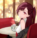  1girl absurdres black_jacket braid breasts closed_mouth coffee_cup cup disposable_cup eyebrows_visible_through_hair french_braid girls_frontline hair_ornament hairclip highres jacket jacket_pull long_hair looking_at_viewer one_eye_closed ponytail priest77 purple_hair red_eyes red_ribbon ribbon shirt simple_background sitting snowflakes solo table wa2000_(girls_frontline) white_shirt window 
