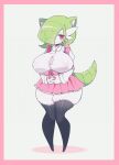  1girl absurdres alternate_color animal_ears blush bow breasts clarevoir eyebrows_visible_through_hair gardevoir gen_1_pokemon gen_3_pokemon green_hair hair_over_one_eye highres interlocked_fingers large_breasts long_sleeves looking_at_viewer maid open_mouth original pantyhose pokemon red_eyes sandshrew short_hair simple_background skirt solo tail thick_thighs thighhighs thighs 