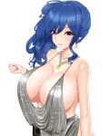  1girl azur_lane backless_dress backless_outfit bag bangs bare_shoulders blue_hair blue_nails breasts cleavage dress evening_gown hair_between_eyes hair_ornament hairclip halter_dress halterneck handbag highres jewelry large_breasts long_hair looking_at_viewer nail_polish necklace official_alternate_costume pink_eyes plunging_neckline revealing_clothes side_ponytail sidelocks silver_dress simple_background sleeveless sleeveless_dress solo st._louis_(azur_lane) st._louis_(luxurious_wheels)_(azur_lane) upper_body vik_(xypt7474) white_background 
