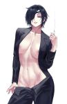  1girl areola_slip areolae black_eyes black_hair black_pants black_suit breasts business_suit chainsaw_man cigarette collarbone contrapposto eyepatch formal groin hair_over_one_eye half-closed_eyes highres himeno_(chainsaw_man) holding holding_cigarette jacket large_breasts lips looking_at_viewer navel nipple_slip nipples no_bra no_panties one-eyed open_clothes open_fly open_jacket pant_suit pants pants_pull parted_lips pulled_by_self shirtless short_hair smoking solo stomach suit toned undressing zefrableu 