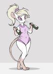  accessory anthro beverage blonde_hair buckteeth clothing digitigrade female hair hair_accessory hair_tie holding_beverage holding_object leotard lonelyworld mammal mouse murid murine pawkaf purple_eyes rodent simple_background smile solo teeth 