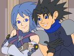  1boy 1girl aqua_(kingdom_hearts) armor bare_shoulders black_hair blue_eyes blue_hair commentary crisis_core_final_fantasy_vii crossed_arms english_commentary eye_contact eyelashes final_fantasy final_fantasy_vii gloves ian_dimas_de_almeida kingdom_hearts kingdom_hearts_birth_by_sleep link:_the_faces_of_evil looking_at_another nail_polish parody parted_lips pillar smile spiked_hair style_parody the_legend_of_zelda_(cd-i) younger zack_fair 