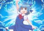  1girl arm_up backlighting bangs blue_background blue_dress blue_eyes blue_hair blurry blurry_background bow bright_pupils cirno cowboy_shot dress eyebrows_visible_through_hair hair_bow highres ice looking_at_viewer open_mouth pinafore_dress puffy_short_sleeves puffy_sleeves red_neckwear red_ribbon ribbon shirt short_hair short_sleeves simple_background solo standing touhou upper_teeth white_pupils white_shirt wings zanasta0810 